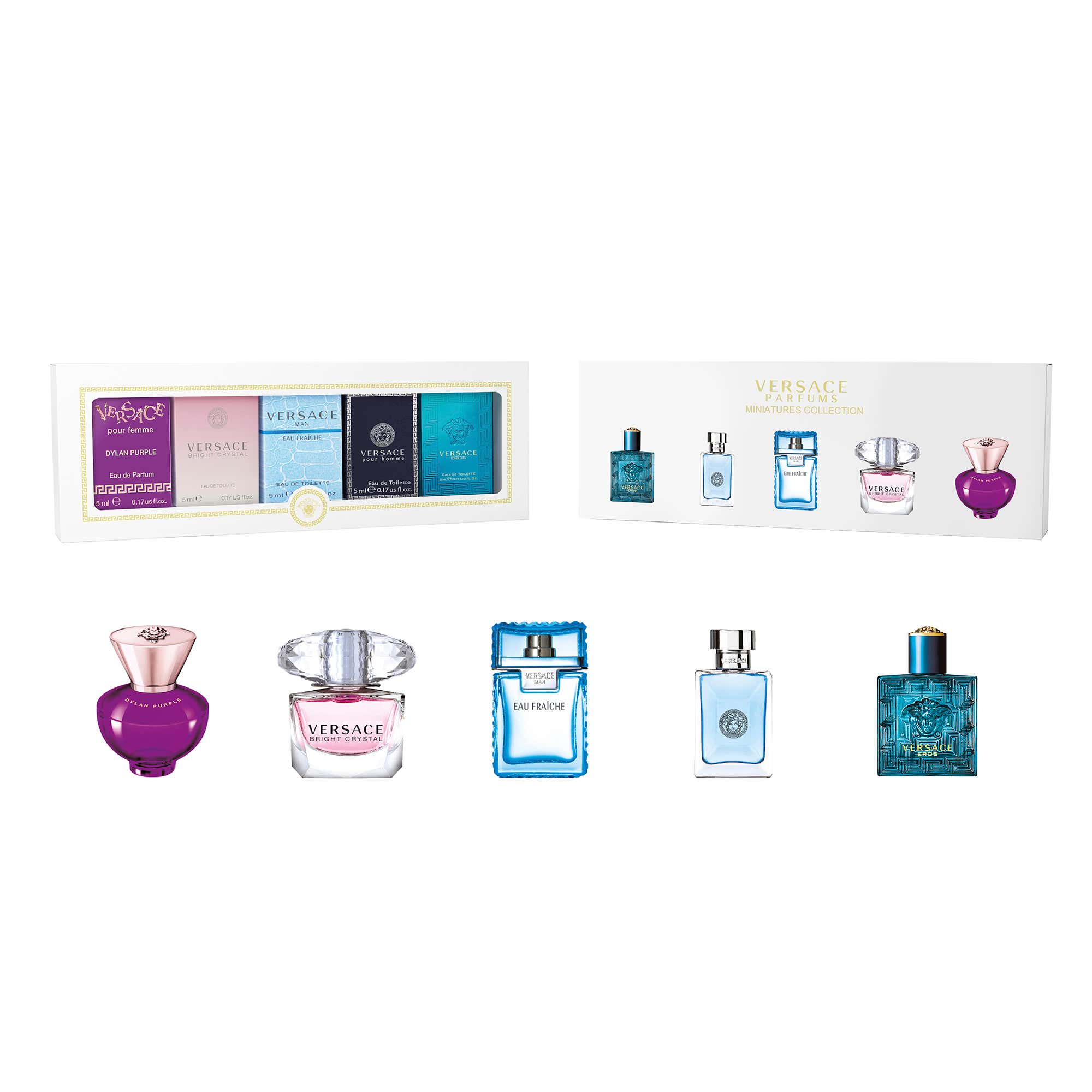 Versace Mini Set Gift Set 5ml Dylan Purple EDP + 5ml Bright Crystal EDT + 5ml Eau Fraiche EDT + 5ml Pour Homme EDT + 5ml Eros EDT